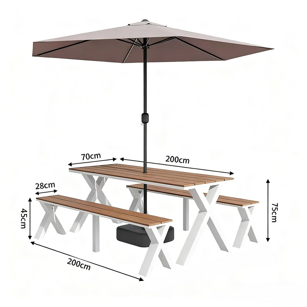 SOLARA Outdoor Table, Chair & Umbrella Set 120/160/200cm Sunproof Waterproof Surface High-Temp Coated Steel Frame Strong Support Anti-Corrosion Design - White