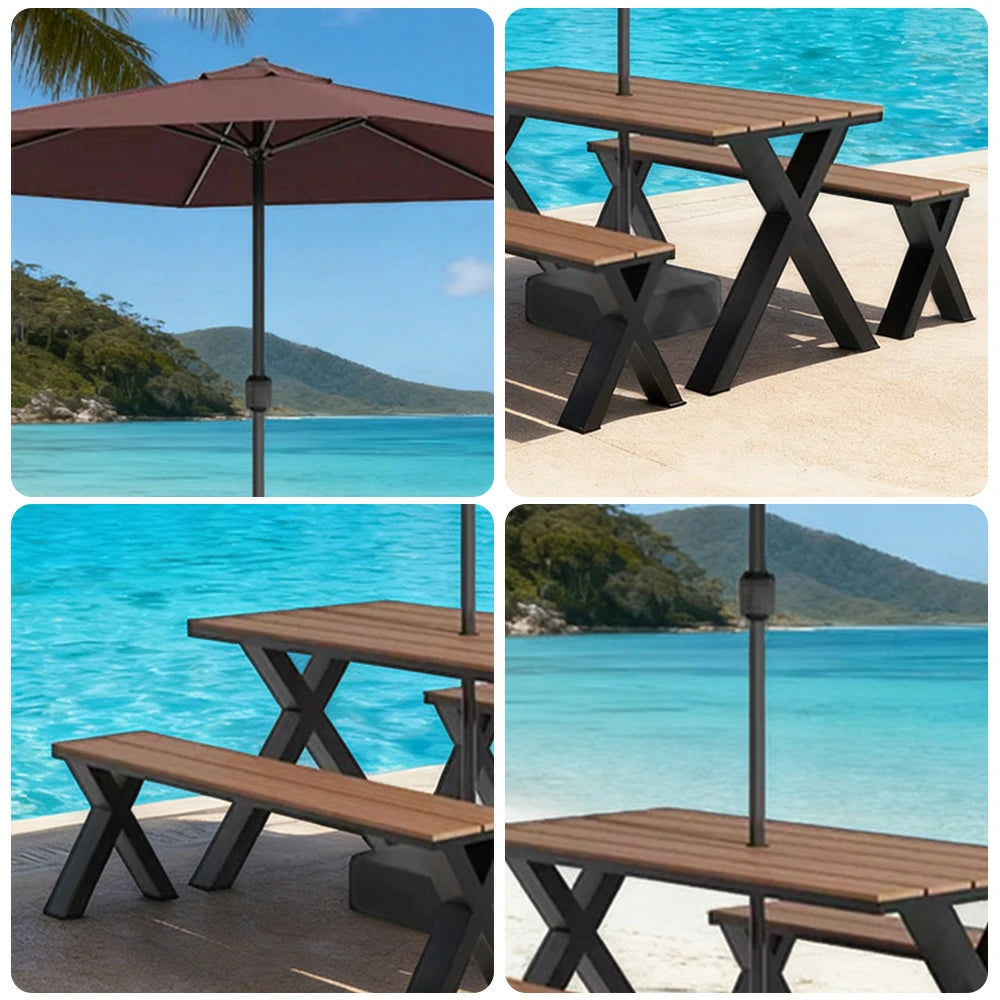 SOLARA Outdoor Table, Chair & Umbrella Set 120/160/200cm Sunproof Waterproof Surface High-Temp Coated Steel Frame Strong Support Anti-Corrosion Design - Black