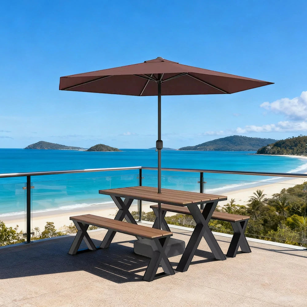 SOLARA Outdoor Table, Chair & Umbrella Set 120/160/200cm Sunproof Waterproof Surface High-Temp Coated Steel Frame Strong Support Anti-Corrosion Design - Black