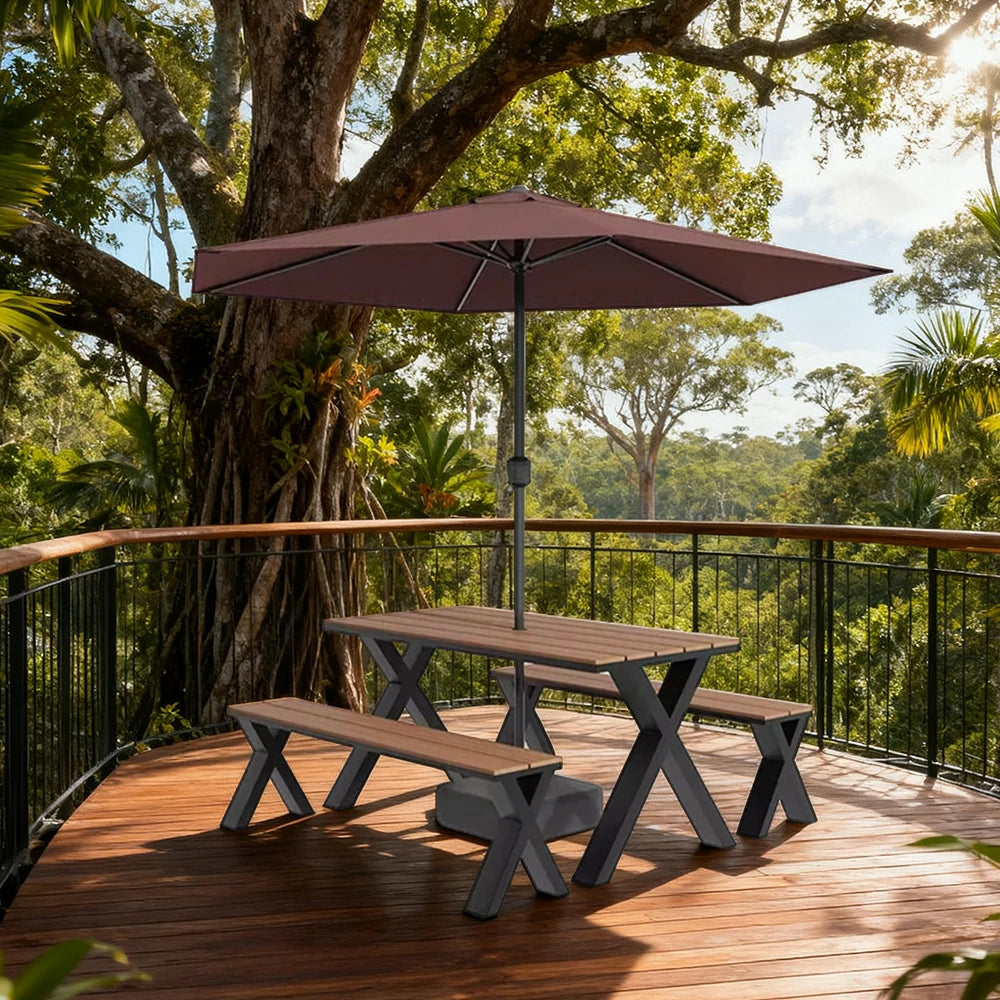 SOLARA Outdoor Table, Chair & Umbrella Set 120/160/200cm Sunproof Waterproof Surface High-Temp Coated Steel Frame Strong Support Anti-Corrosion Design - Black