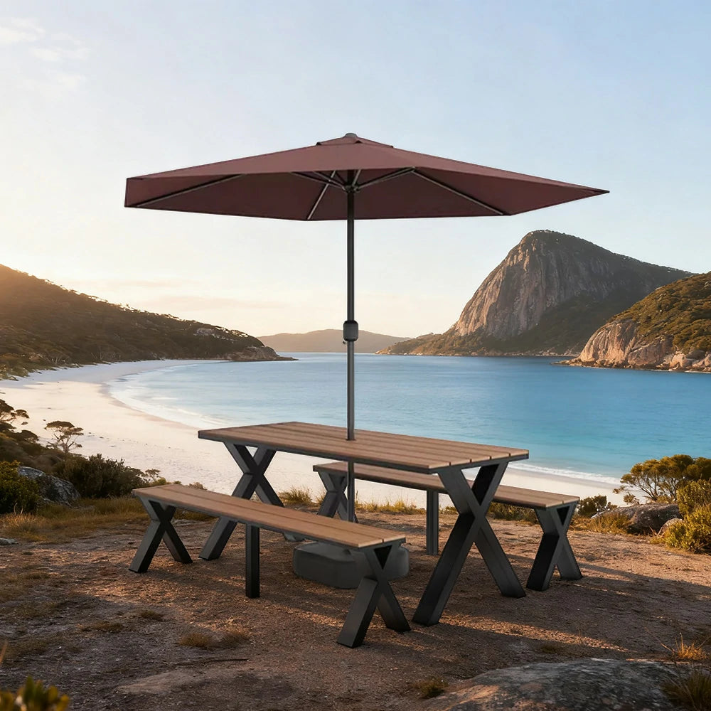 SOLARA Outdoor Table, Chair & Umbrella Set 120/160/200cm Sunproof Waterproof Surface High-Temp Coated Steel Frame Strong Support Anti-Corrosion Design - Black