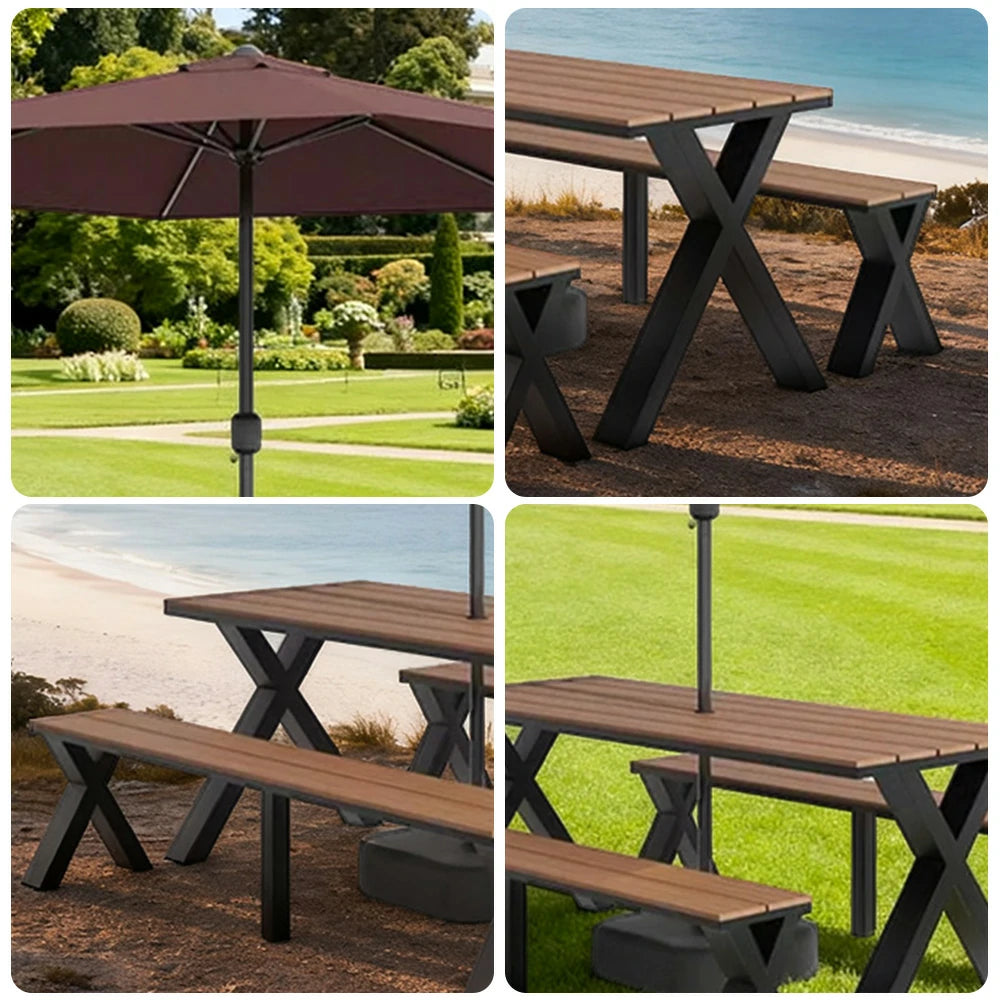 SOLARA Outdoor Table, Chair & Umbrella Set 120/160/200cm Sunproof Waterproof Surface High-Temp Coated Steel Frame Strong Support Anti-Corrosion Design - Black