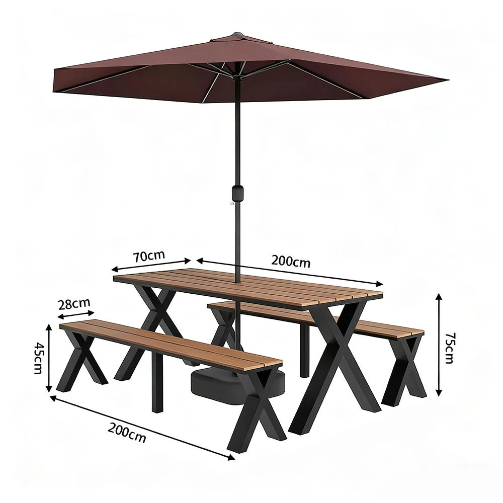 SOLARA Outdoor Table, Chair & Umbrella Set 120/160/200cm Sunproof Waterproof Surface High-Temp Coated Steel Frame Strong Support Anti-Corrosion Design - Black