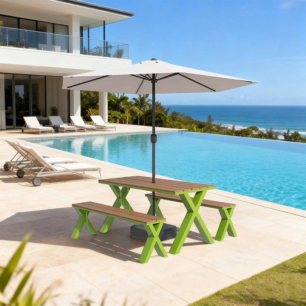 SOLARA Outdoor Table, Chair & Umbrella Set 120/160/200cm Sunproof Waterproof Surface High-Temp Coated Steel Frame Strong Support Anti-Corrosion Design - Green