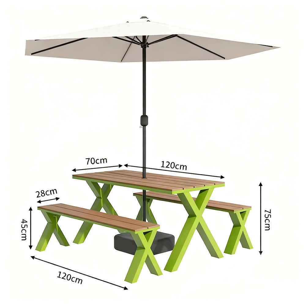 SOLARA Outdoor Table, Chair & Umbrella Set 120/160/200cm Sunproof Waterproof Surface High-Temp Coated Steel Frame Strong Support Anti-Corrosion Design - Green
