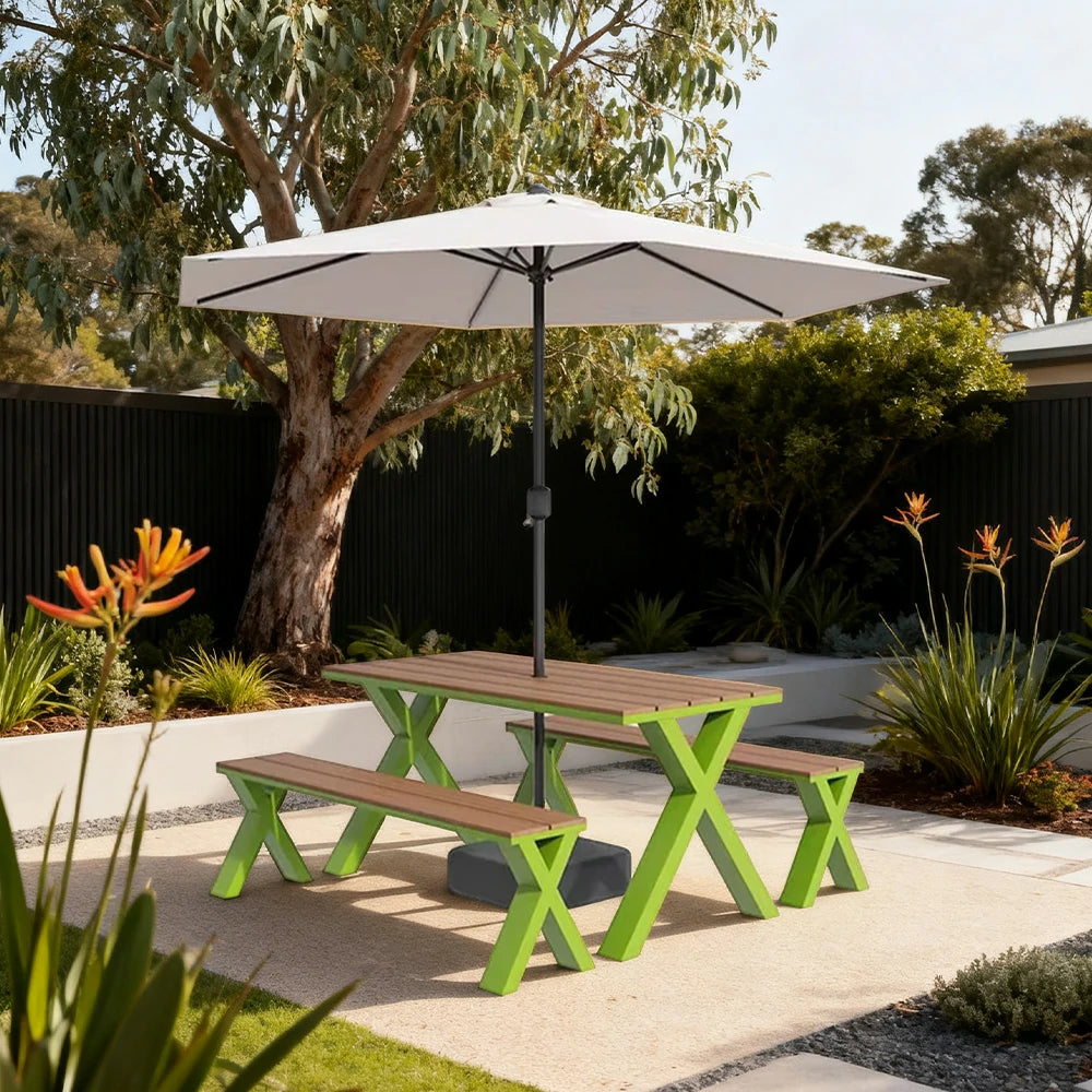 SOLARA Outdoor Table, Chair & Umbrella Set 120/160/200cm Sunproof Waterproof Surface High-Temp Coated Steel Frame Strong Support Anti-Corrosion Design - Green