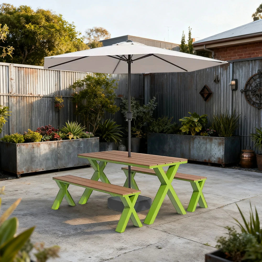 SOLARA Outdoor Table, Chair & Umbrella Set 120/160/200cm Sunproof Waterproof Surface High-Temp Coated Steel Frame Strong Support Anti-Corrosion Design - Green