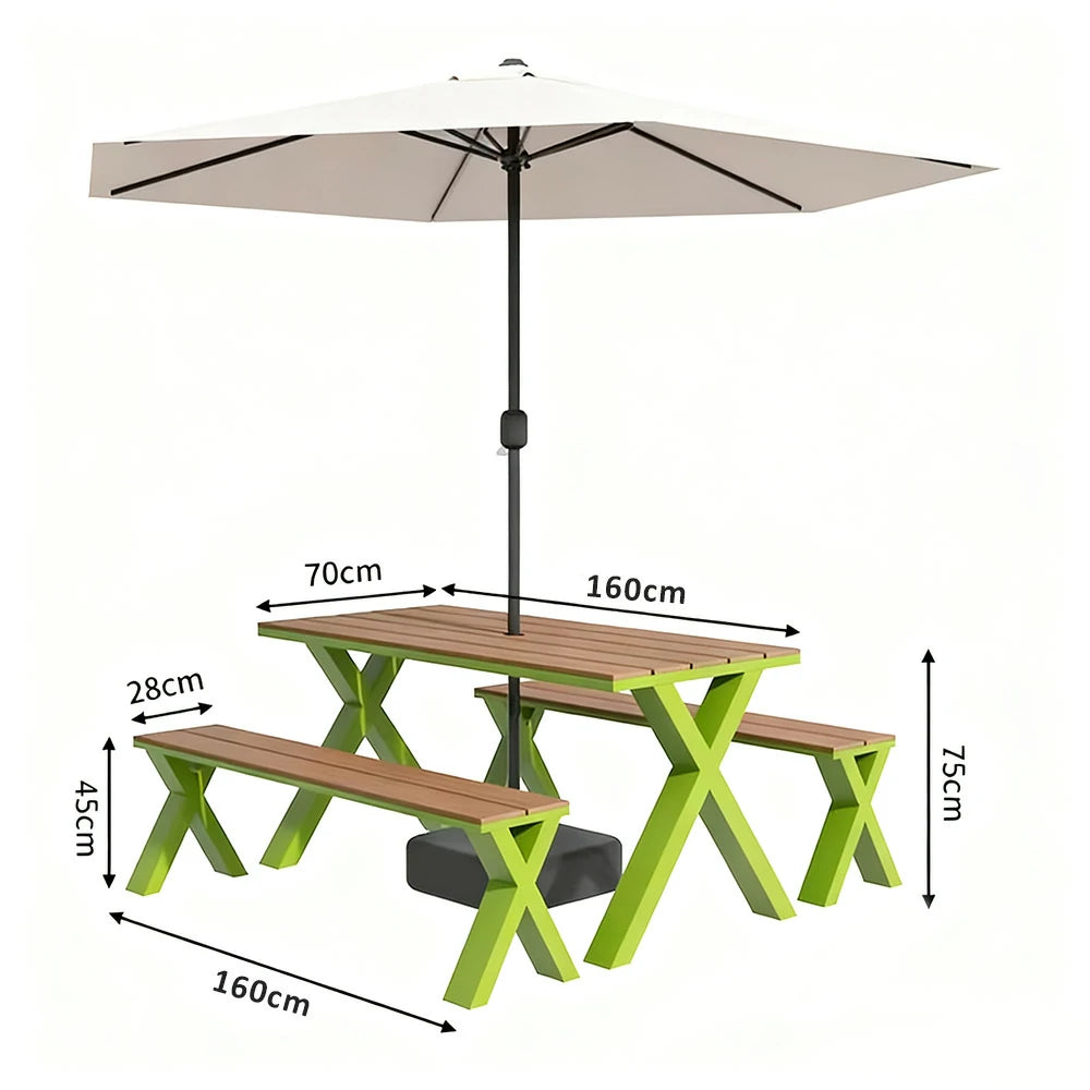 SOLARA Outdoor Table, Chair & Umbrella Set 120/160/200cm Sunproof Waterproof Surface High-Temp Coated Steel Frame Strong Support Anti-Corrosion Design - Green