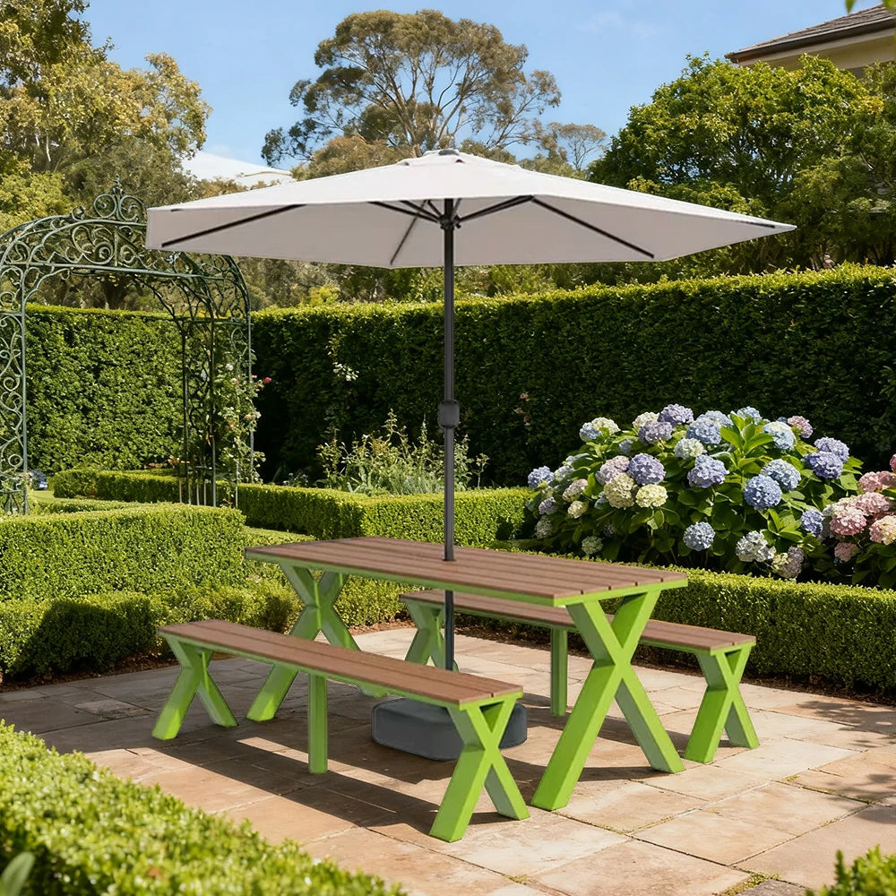 SOLARA Outdoor Table, Chair & Umbrella Set 120/160/200cm Sunproof Waterproof Surface High-Temp Coated Steel Frame Strong Support Anti-Corrosion Design - Green