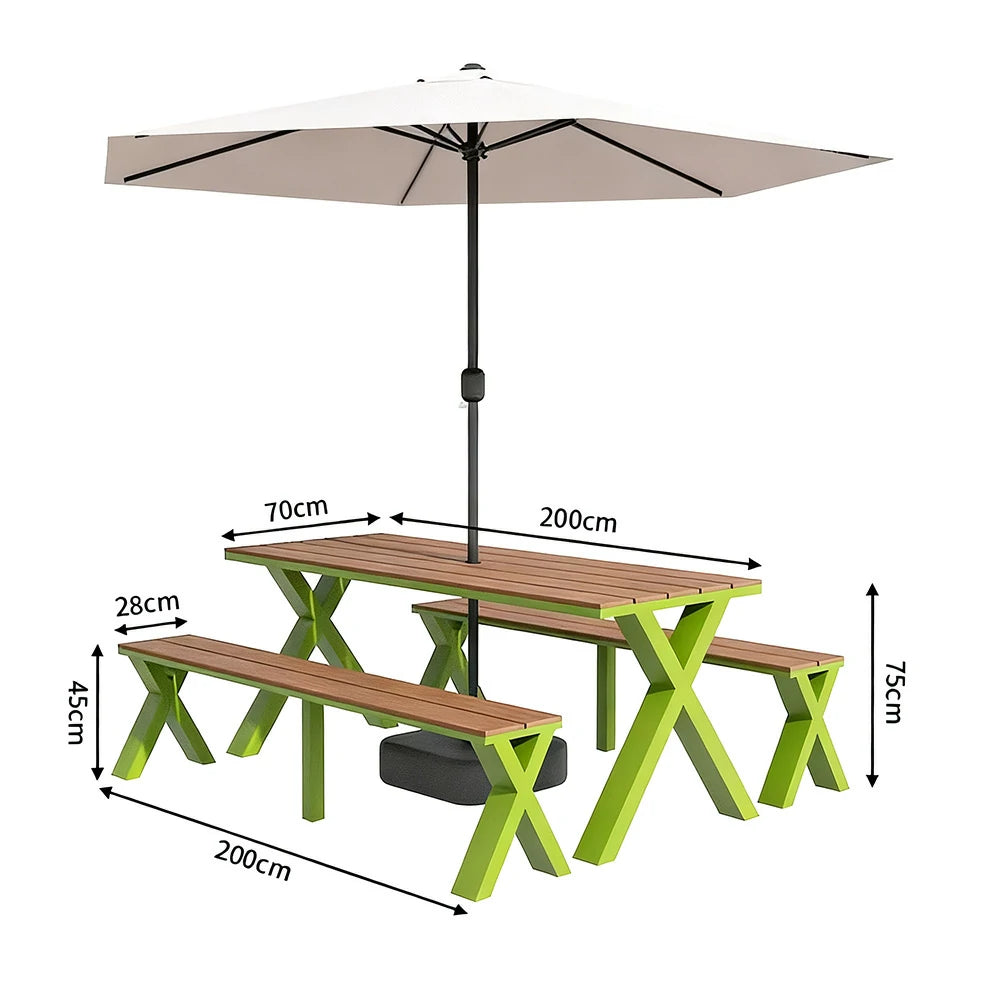 SOLARA Outdoor Table, Chair & Umbrella Set 120/160/200cm Sunproof Waterproof Surface High-Temp Coated Steel Frame Strong Support Anti-Corrosion Design - Green