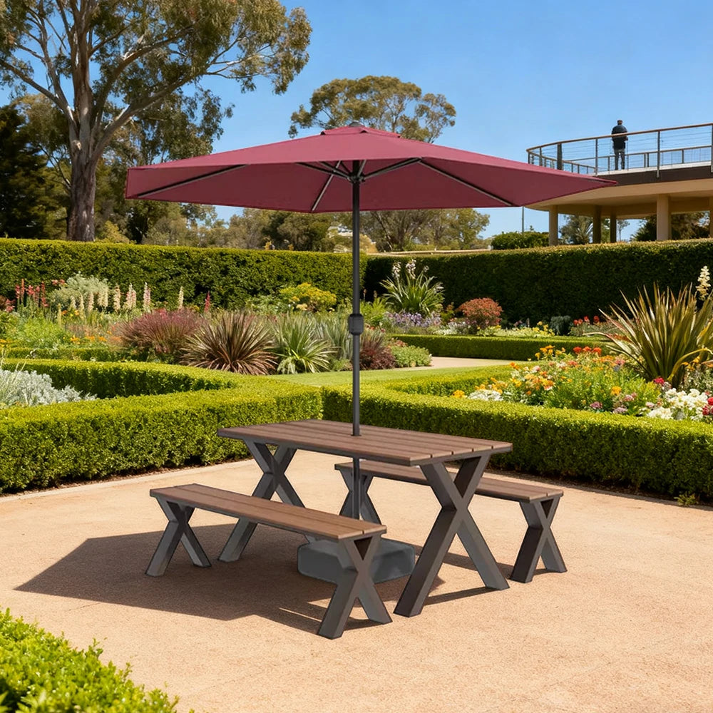 SOLARA Outdoor Table, Chair & Umbrella Set 120/160/200cm Sunproof Waterproof Surface High-Temp Coated Steel Frame Strong Support Anti-Corrosion Design - Brown