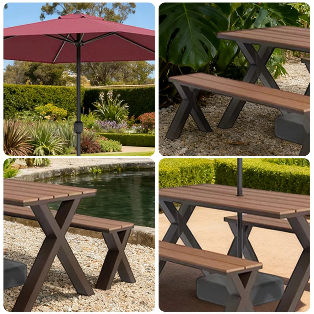 SOLARA Outdoor Table, Chair & Umbrella Set 120/160/200cm Sunproof Waterproof Surface High-Temp Coated Steel Frame Strong Support Anti-Corrosion Design - Brown
