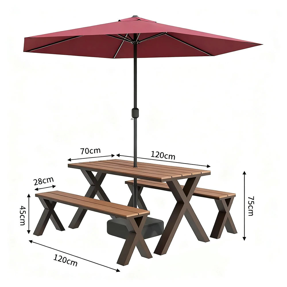 SOLARA Outdoor Table, Chair & Umbrella Set 120/160/200cm Sunproof Waterproof Surface High-Temp Coated Steel Frame Strong Support Anti-Corrosion Design - Brown