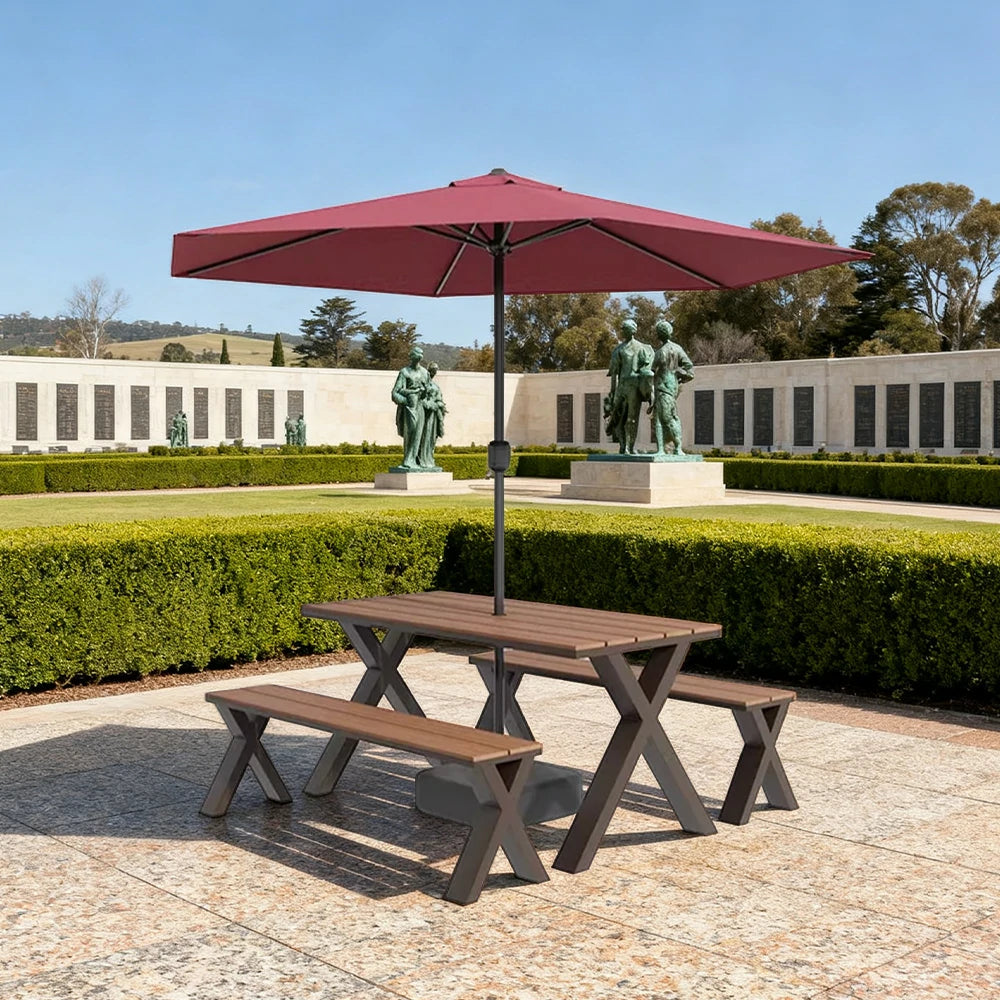 SOLARA Outdoor Table, Chair & Umbrella Set 120/160/200cm Sunproof Waterproof Surface High-Temp Coated Steel Frame Strong Support Anti-Corrosion Design - Brown