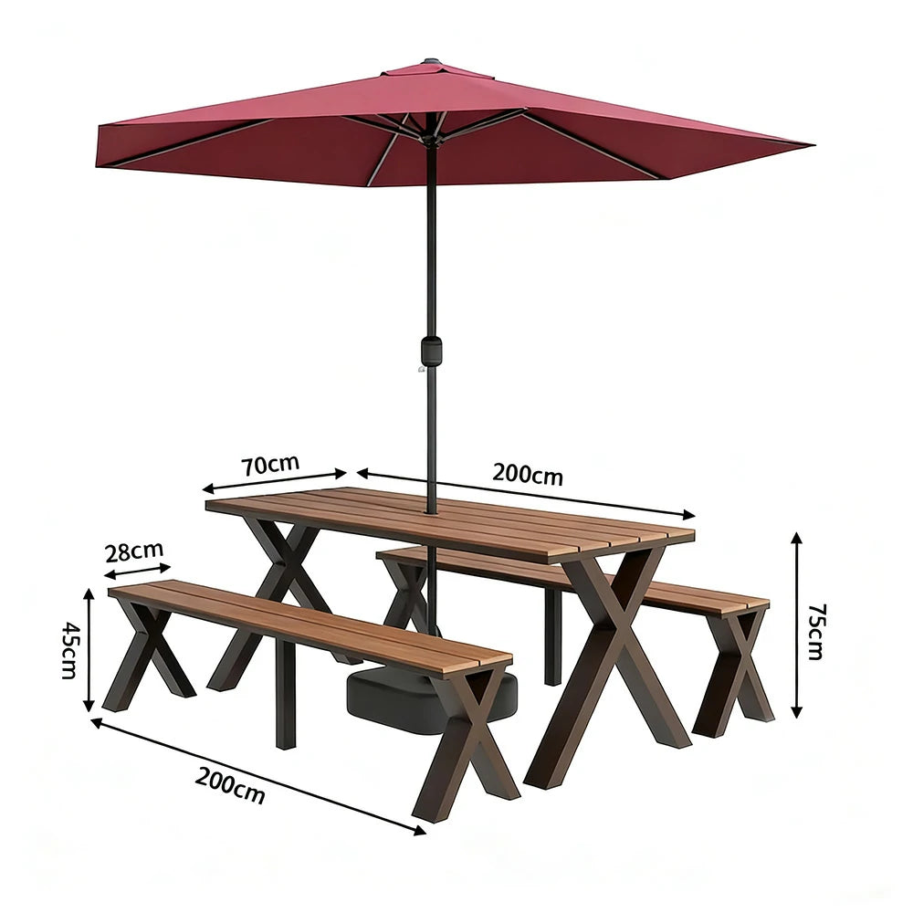 SOLARA Outdoor Table, Chair & Umbrella Set 120/160/200cm Sunproof Waterproof Surface High-Temp Coated Steel Frame Strong Support Anti-Corrosion Design - Brown