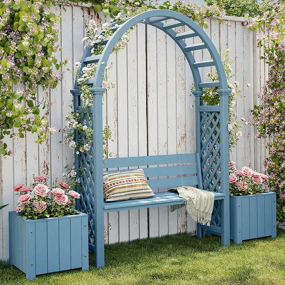 SOLARA Arch Garden Seat with 2 Planter Boxes - Finnish Solid Wood Outdoor Patio Furniture - Blue