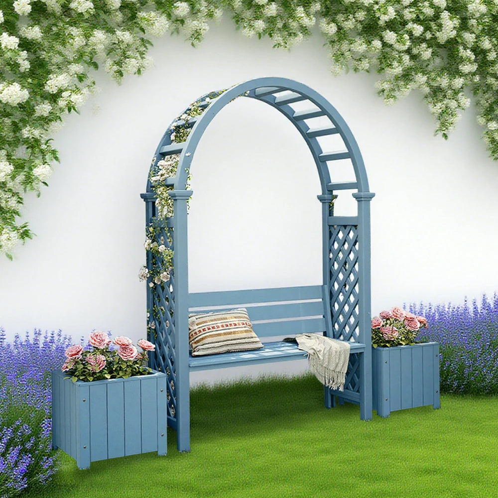 SOLARA Arch Garden Seat with 2 Planter Boxes - Finnish Solid Wood Outdoor Patio Furniture - Blue