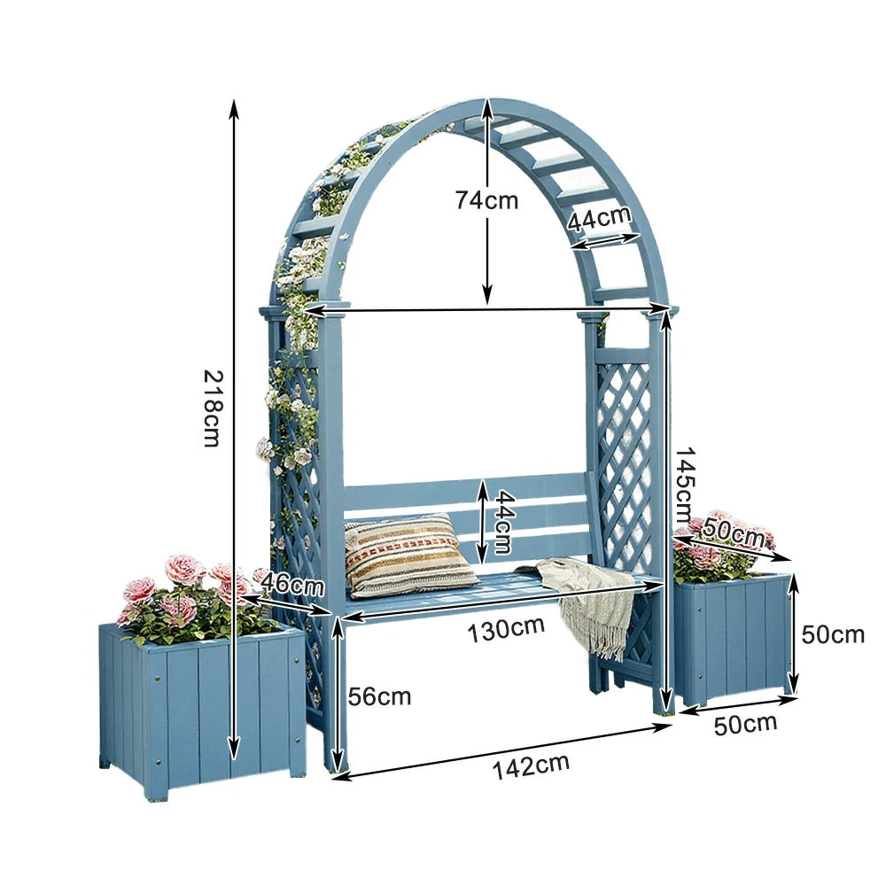 SOLARA Arch Garden Seat with 2 Planter Boxes - Finnish Solid Wood Outdoor Patio Furniture - Blue