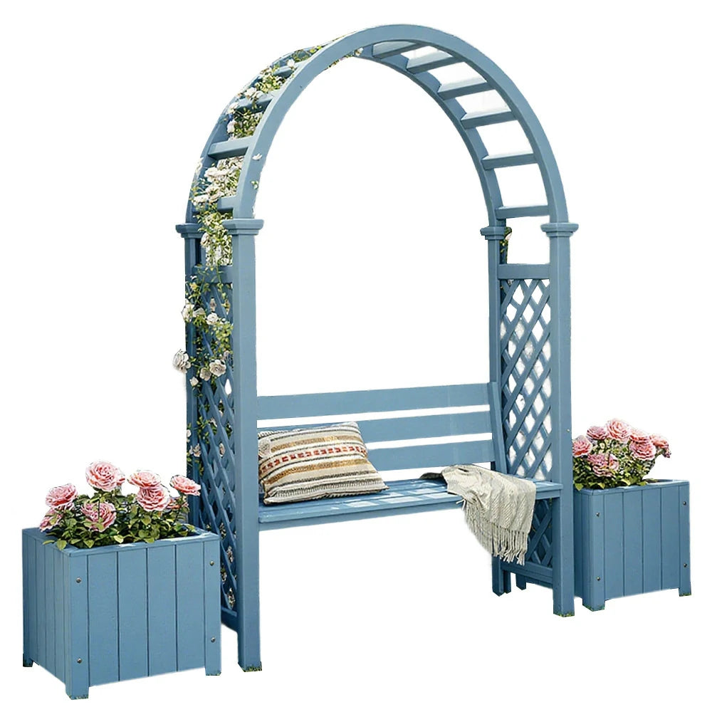 SOLARA Arch Garden Seat with 2 Planter Boxes - Finnish Solid Wood Outdoor Patio Furniture - Blue