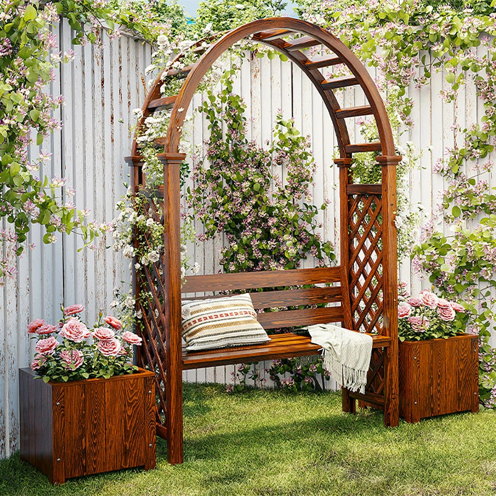 SOLARA Arch Garden Seat with 2 Planter Boxes - Finnish Solid Wood Outdoor Patio Furniture - Brown