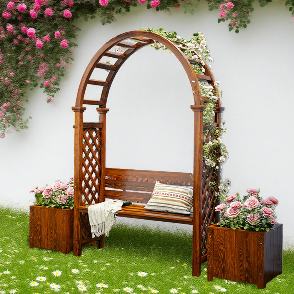 SOLARA Arch Garden Seat with 2 Planter Boxes - Finnish Solid Wood Outdoor Patio Furniture - Brown