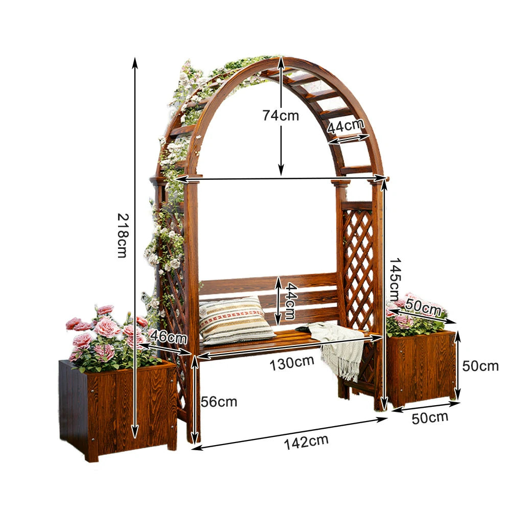 SOLARA Arch Garden Seat with 2 Planter Boxes - Finnish Solid Wood Outdoor Patio Furniture - Brown
