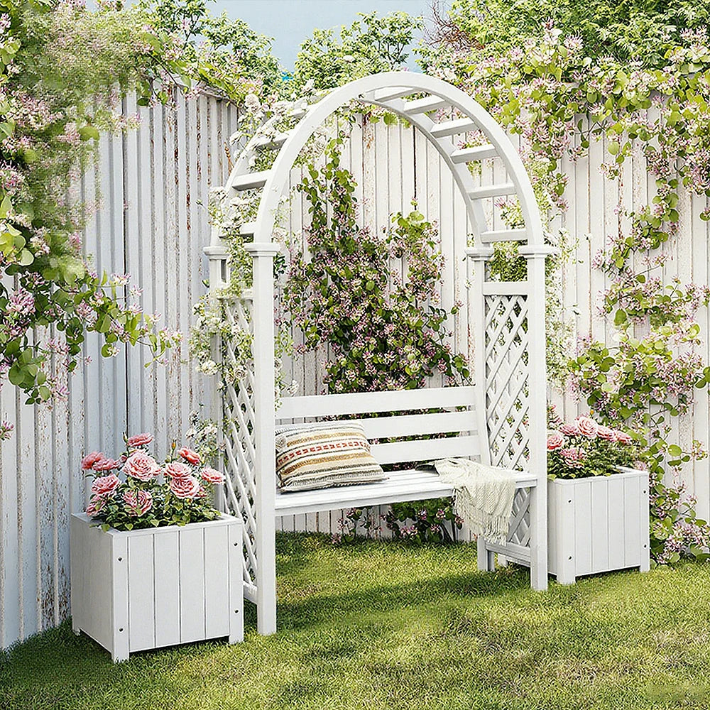SOLARA Arch Garden Seat with 2 Planter Boxes - Finnish Solid Wood Outdoor Patio Furniture - White