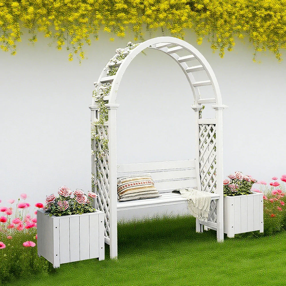 SOLARA Arch Garden Seat with 2 Planter Boxes - Finnish Solid Wood Outdoor Patio Furniture - White
