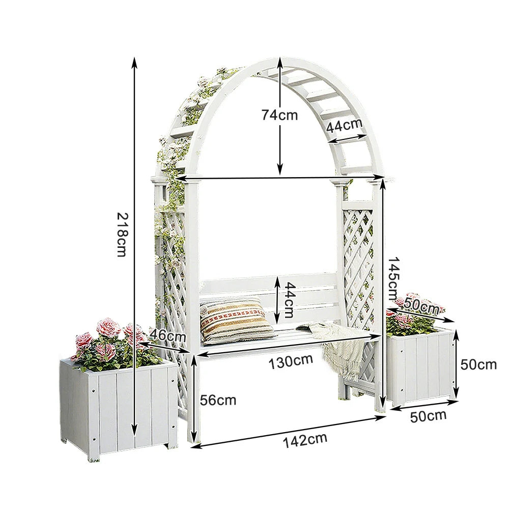 SOLARA Arch Garden Seat with 2 Planter Boxes - Finnish Solid Wood Outdoor Patio Furniture - White