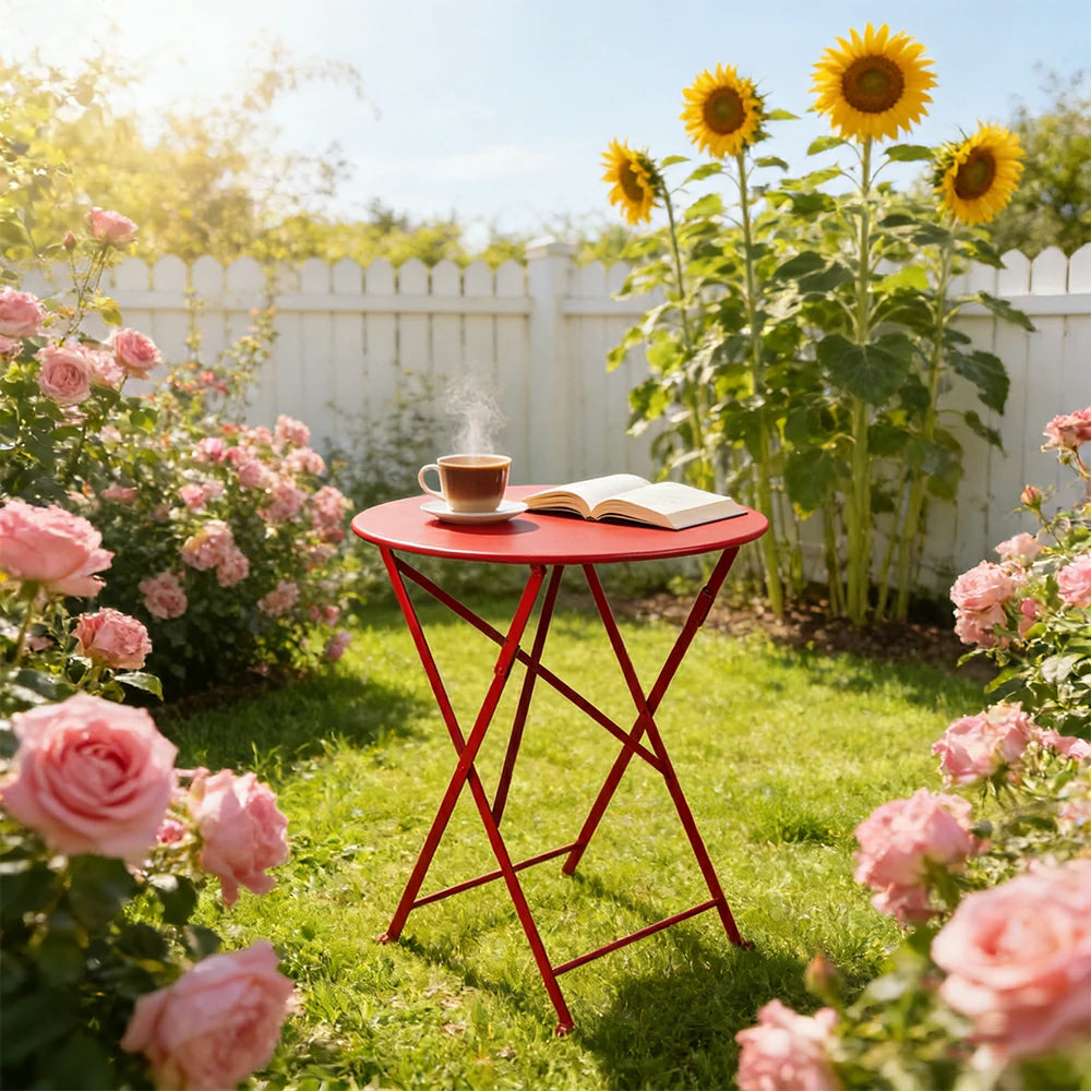 SOLARA Foldable Bistro Table Space-Saving Design Steel Frame with Rust-Resistant Coating French Balcony Style - Red