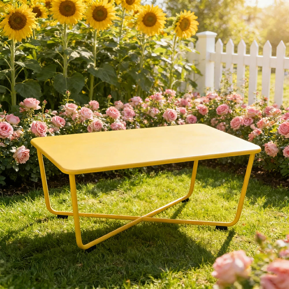 SOLARA Outdoor Coffee Table Rust-Resistant Steel Frame One-Piece Easy-Clean Top French Minimalist Patio Design