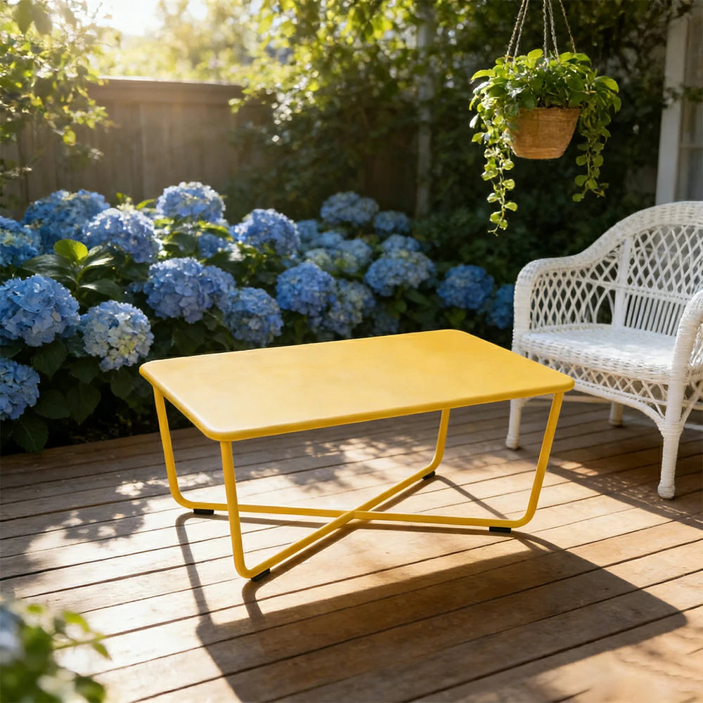 SOLARA Outdoor Coffee Table Rust-Resistant Steel Frame One-Piece Easy-Clean Top French Minimalist Patio Design