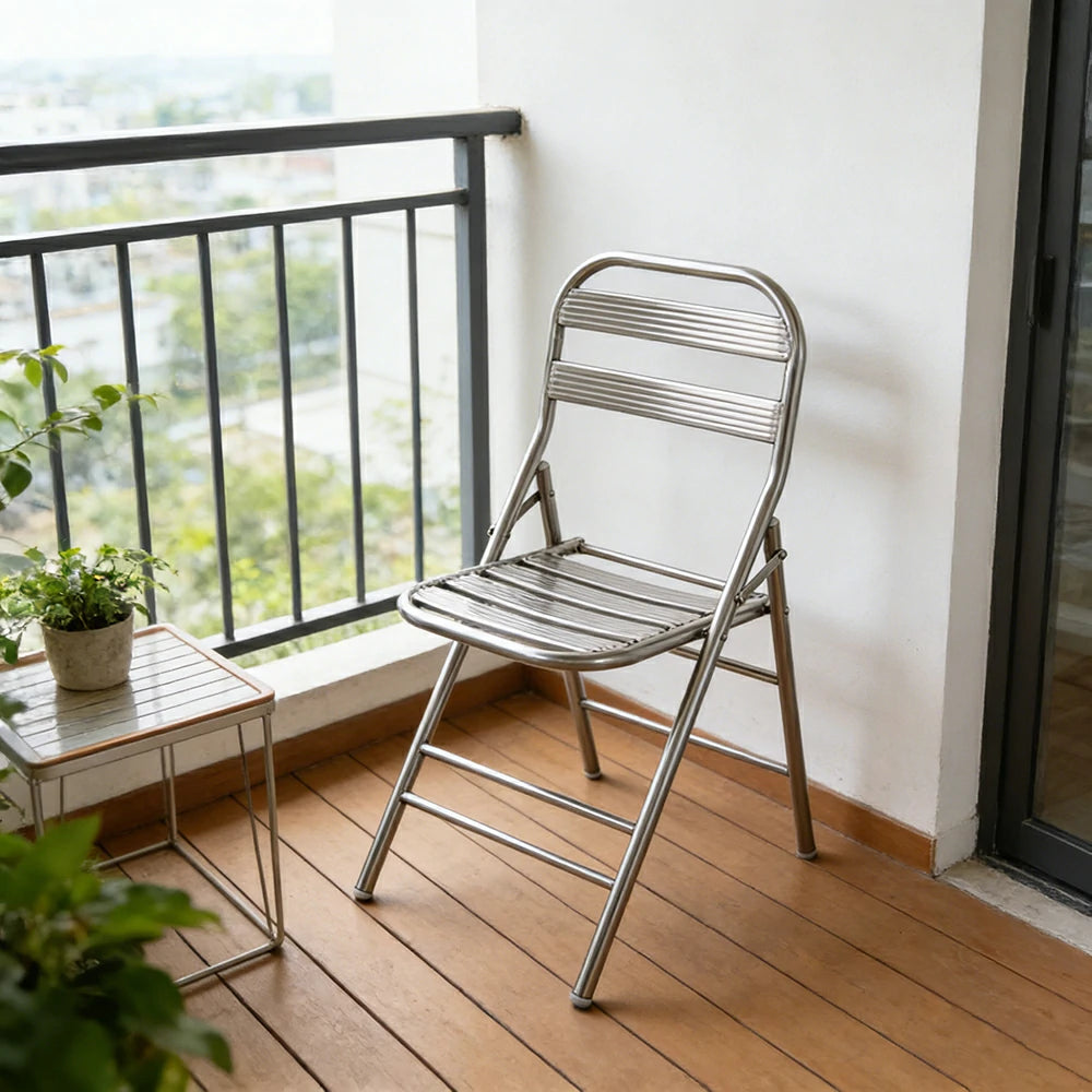 SOLARA Foldable Stainless Steel Chair 304 Anti-Rust Heavy Duty Space Saving Portable Seating for Home Kitchen Balcony - Silver