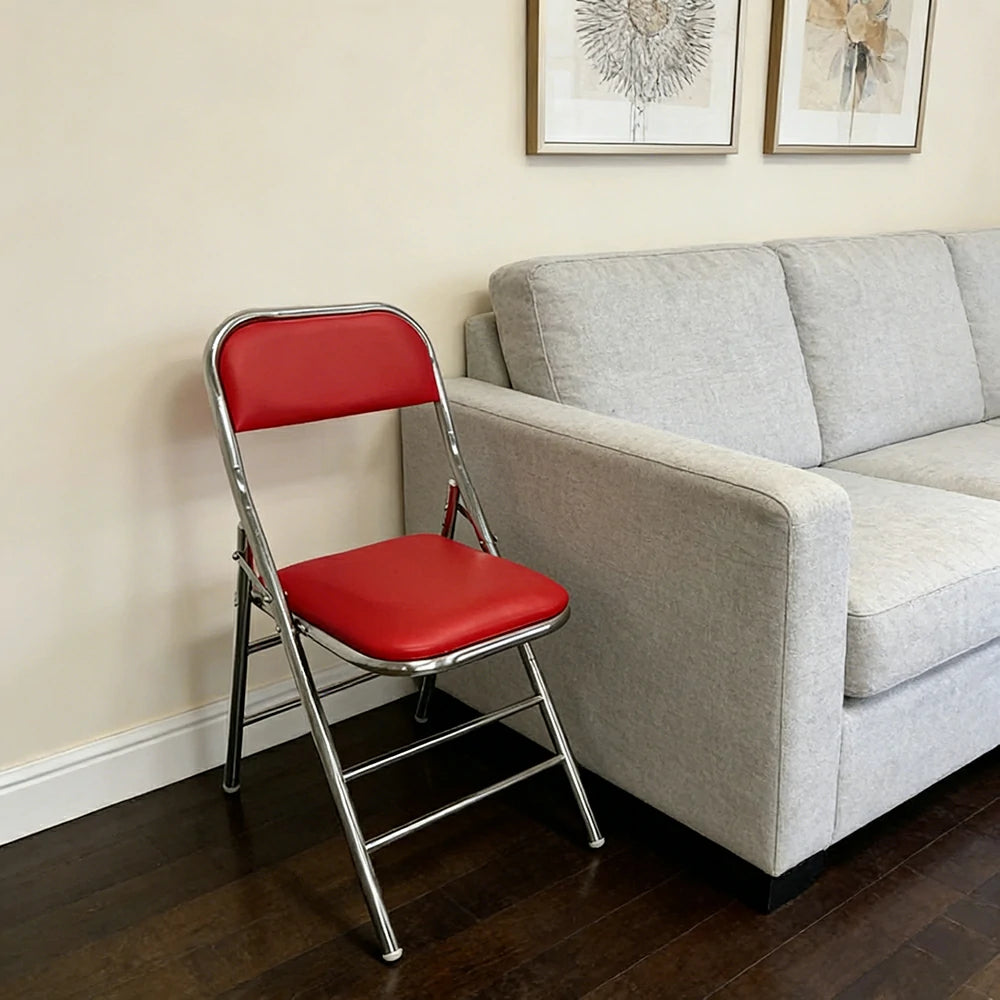 SOLARA Foldable Stainless Steel Chair 304 Anti-Rust PU Leather Seat Heavy Duty Space Saving Portable Seating for Home Kitchen Balcony - Red