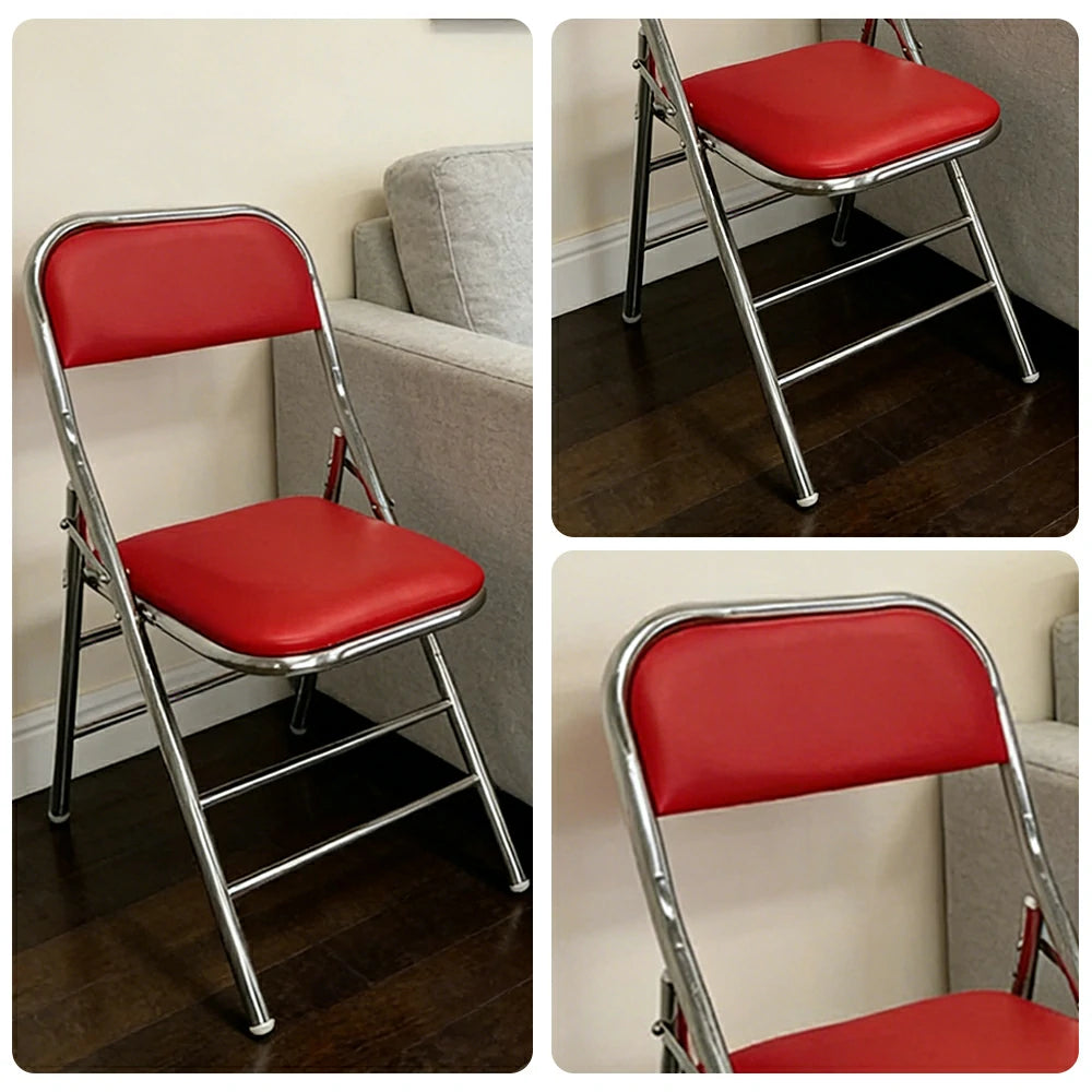 SOLARA Foldable Stainless Steel Chair 304 Anti-Rust PU Leather Seat Heavy Duty Space Saving Portable Seating for Home Kitchen Balcony - Red