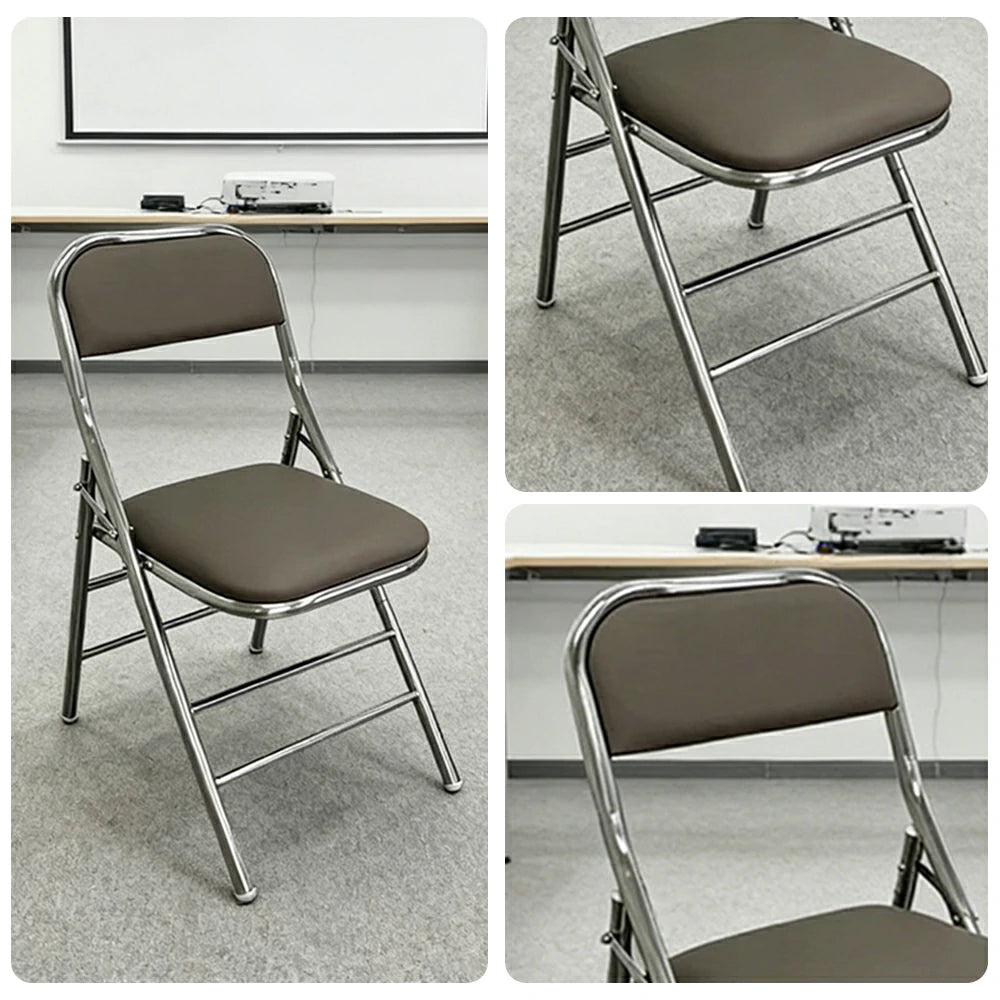SOLARA Foldable Stainless Steel Chair 304 Anti-Rust PU Leather Seat Heavy Duty Space Saving Portable Seating for Home Kitchen Balcony - Grey