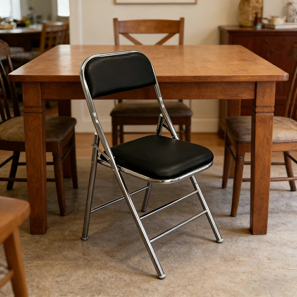 SOLARA Foldable Stainless Steel Chair 304 Anti-Rust PU Leather Seat Heavy Duty Space Saving Portable Seating for Home Kitchen Balcony - Black