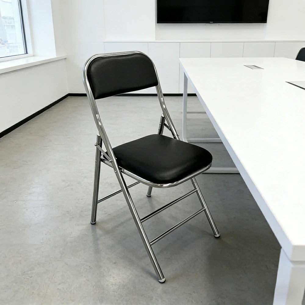 SOLARA Foldable Stainless Steel Chair 304 Anti-Rust PU Leather Seat Heavy Duty Space Saving Portable Seating for Home Kitchen Balcony - Black