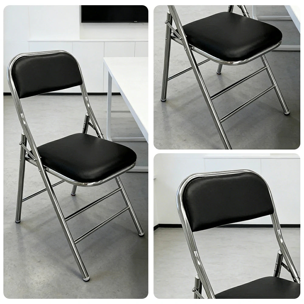 SOLARA Foldable Stainless Steel Chair 304 Anti-Rust PU Leather Seat Heavy Duty Space Saving Portable Seating for Home Kitchen Balcony - Black