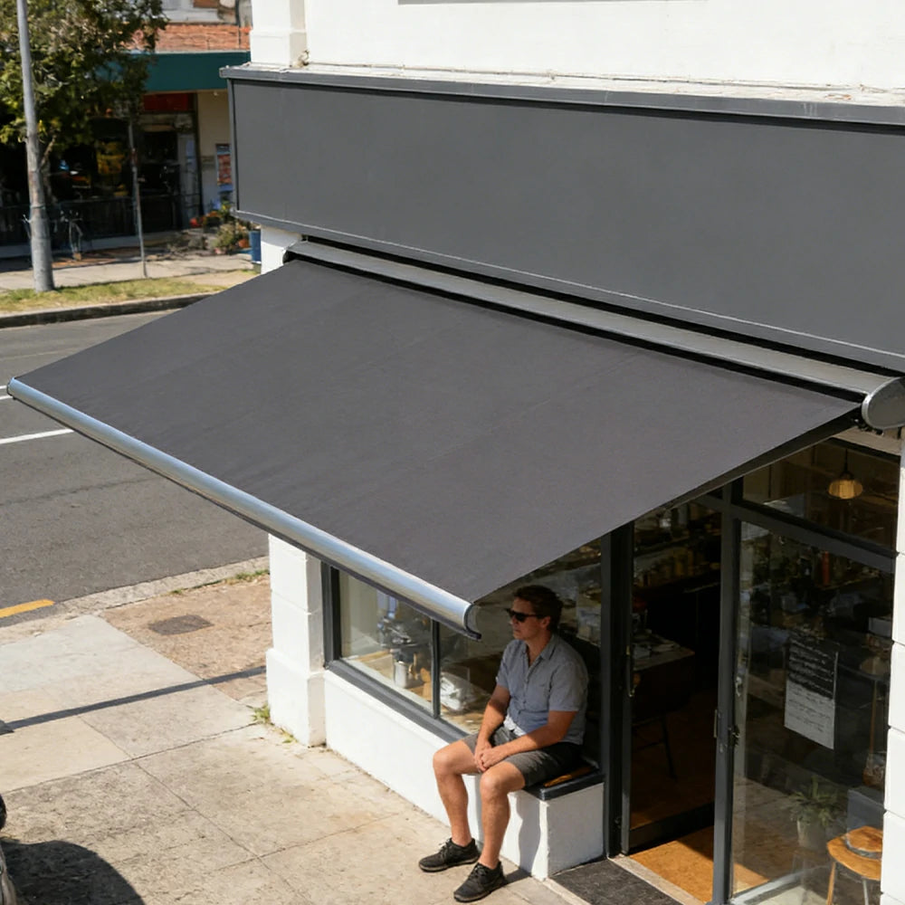SOLARA Electric Retractable Awning Black Frame Remote Control Waterproof Aluminium 300/400/500cm Patio Balcony Outdoor Use - Dark Grey