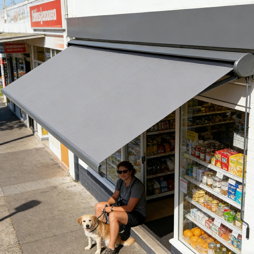 SOLARA Electric Retractable Awning Black Frame Remote Control Waterproof Aluminium 300/400/500cm Patio Balcony Outdoor Use - Grey
