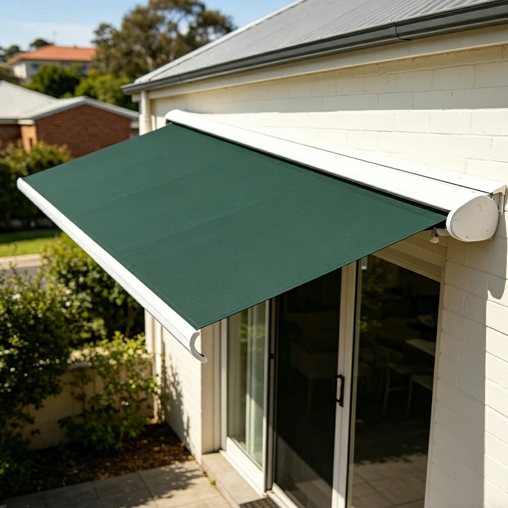 SOLARA Electric Retractable Awning White Frame Remote Control Waterproof Aluminium 300/400/500cm Patio Balcony Outdoor Use - Dark Green