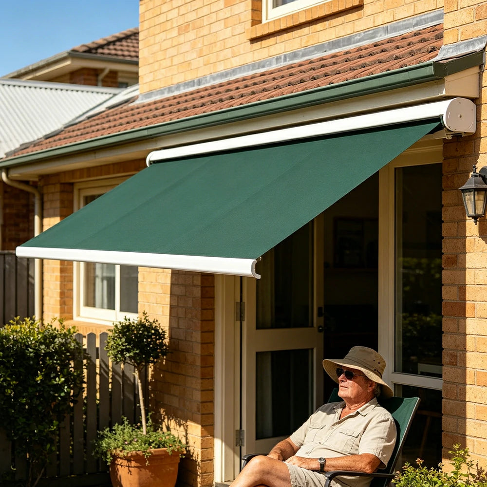 SOLARA Electric Retractable Awning White Frame Remote Control Waterproof Aluminium 300/400/500cm Patio Balcony Outdoor Use - Dark Green
