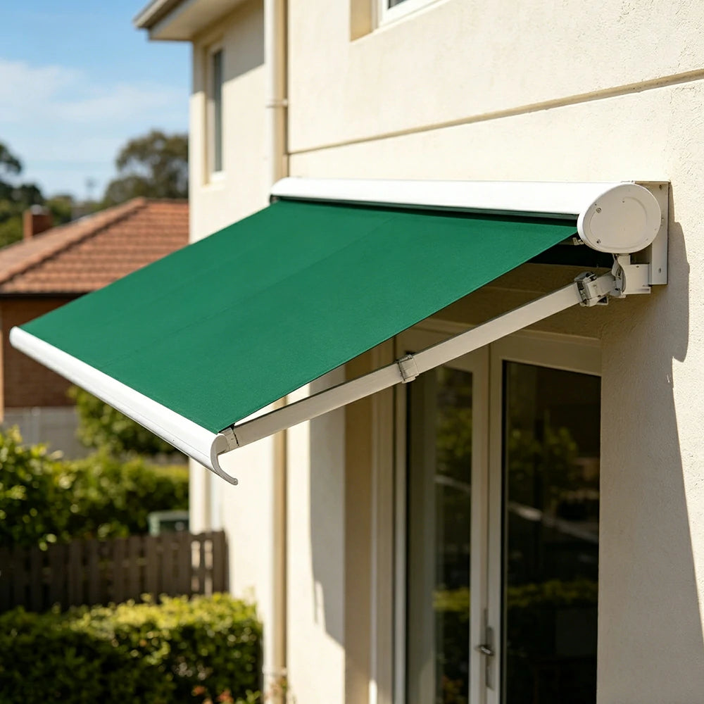 SOLARA Electric Retractable Awning White Frame Remote Control Waterproof Aluminium 300/400/500cm Patio Balcony Outdoor Use - Green