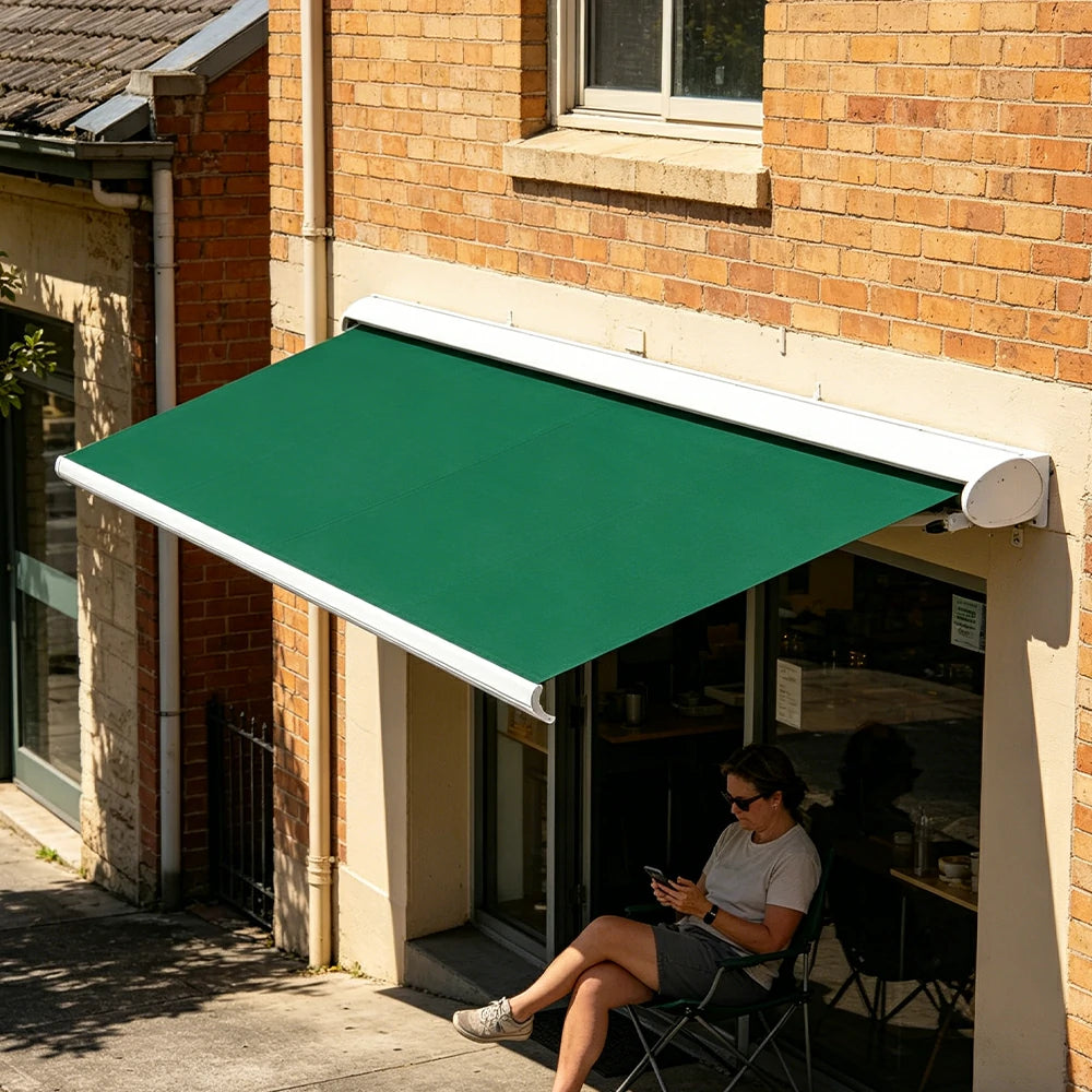SOLARA Electric Retractable Awning White Frame Remote Control Waterproof Aluminium 300/400/500cm Patio Balcony Outdoor Use - Green