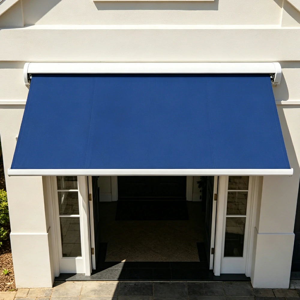 SOLARA Electric Retractable Awning White Frame Remote Control Waterproof Aluminium 300/400/500cm Patio Balcony Outdoor Use - Dark Blue