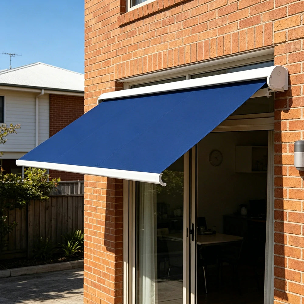 SOLARA Electric Retractable Awning White Frame Remote Control Waterproof Aluminium 300/400/500cm Patio Balcony Outdoor Use - Dark Blue