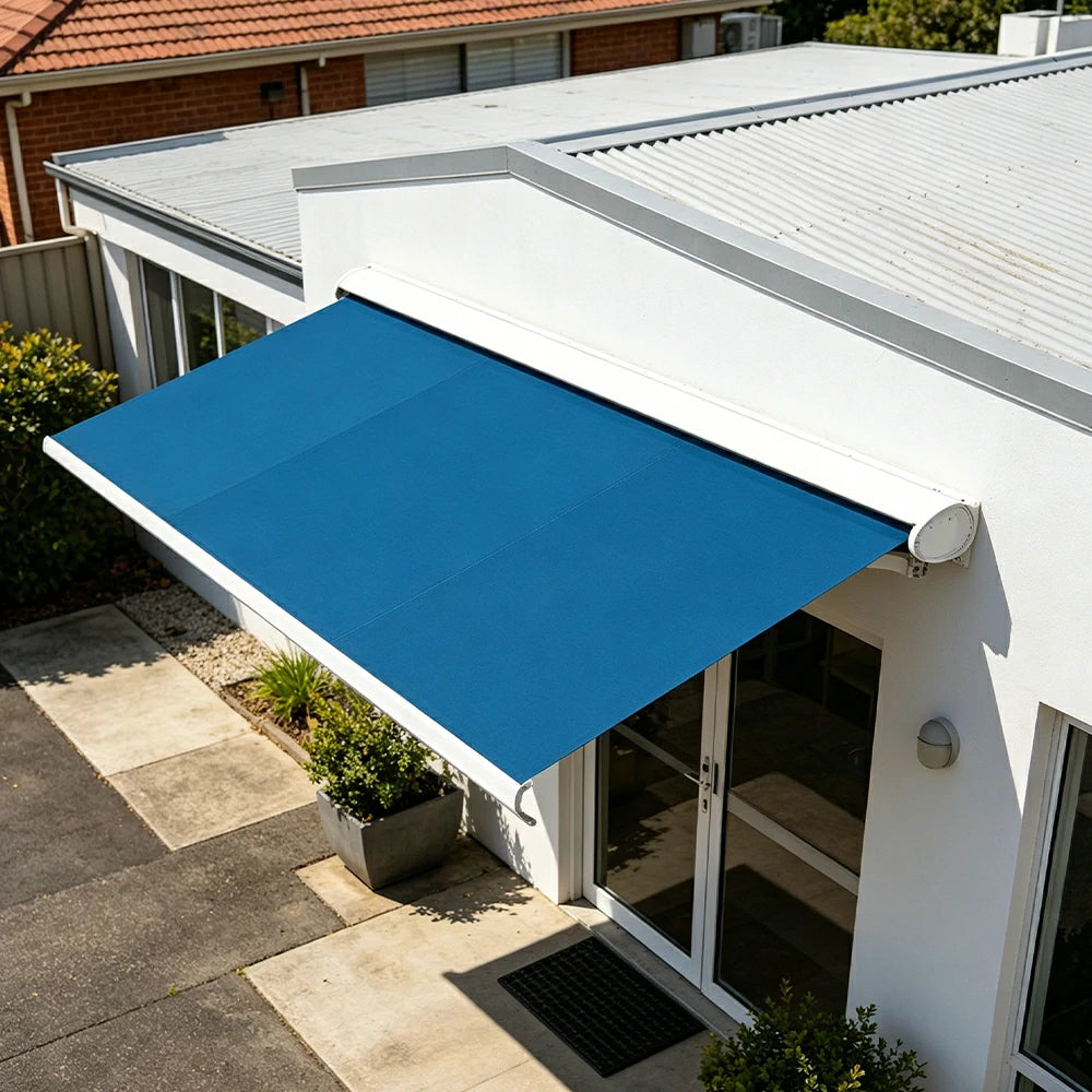 SOLARA Electric Retractable Awning White Frame Remote Control Waterproof Aluminium 300/400/500cm Patio Balcony Outdoor Use - Blue