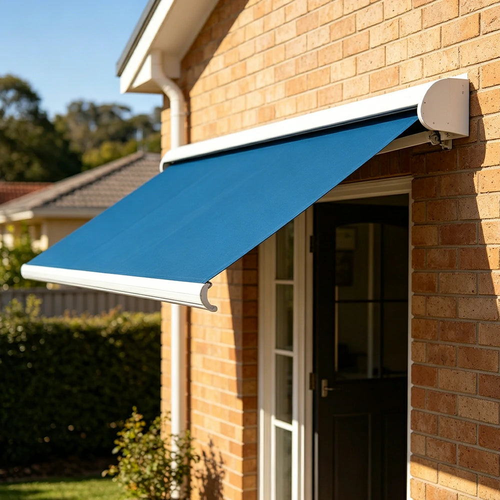 SOLARA Electric Retractable Awning White Frame Remote Control Waterproof Aluminium 300/400/500cm Patio Balcony Outdoor Use - Blue