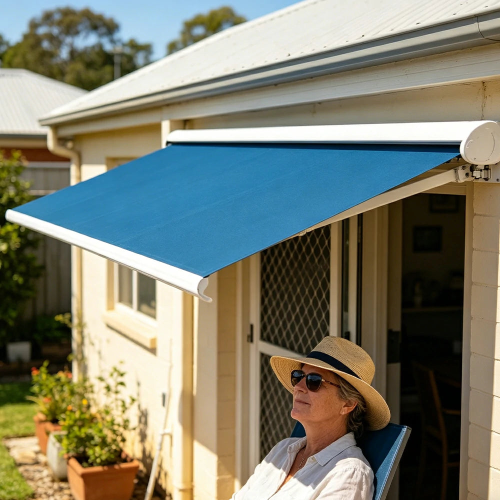 SOLARA Electric Retractable Awning White Frame Remote Control Waterproof Aluminium 300/400/500cm Patio Balcony Outdoor Use - Blue